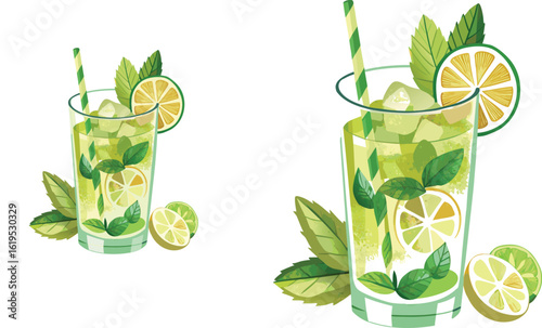 Three cold glasses of fresh beverages, including water, lemonade, and a mojito with a mint leaf, are shown on a white background