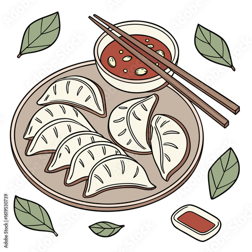 Delicious dumplings with dipping sauce and chopsticks isolated on white background