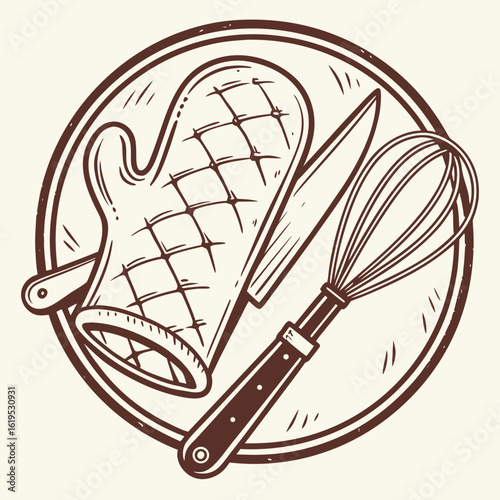 Baking utensils oven mitt knife whisk isolated on white background