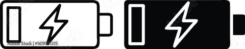 Low Battery Charging Icon Set – Vector Power Energy Symbol with Lightning in Black and White