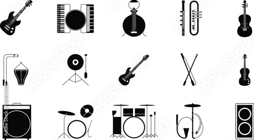 A collection of various musical instruments in black and white vector graphics