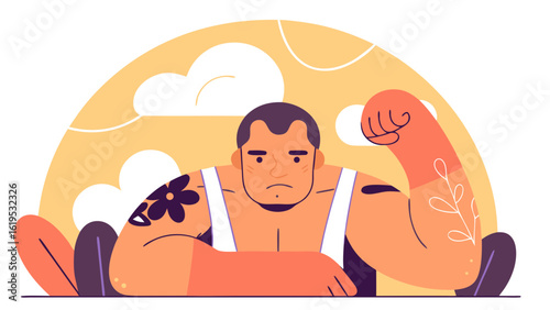 A muscular man with tattoos flexing his bicep with a sad expression and a stylized cloud background