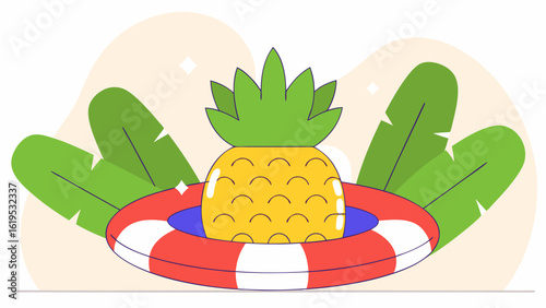 A cheerful cartoon pineapple wearing a life preserver floats in the water surrounded by tropical leaves and abstract shapes representing a summer vacation scene