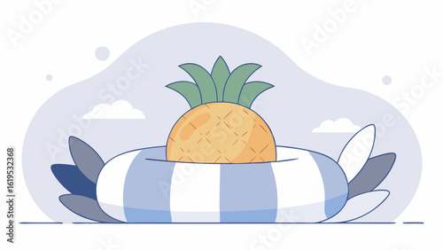 A cartoon pineapple wearing a blue and white striped life preserver floating in calm water with stylized clouds and a pale blue background