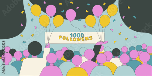 Celebration of 1000 followers with balloons and confetti in a crowd of people social media milestone achievement
