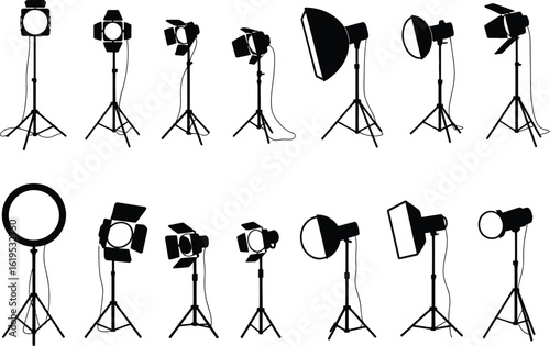 A collection of various studio lighting equipment silhouettes on white background