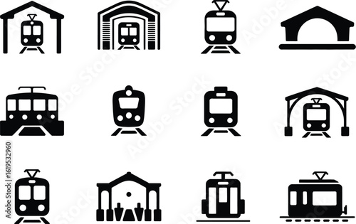 A collection of train and station icons in black and white vector illustration