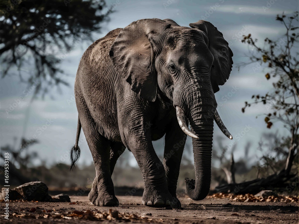 Fototapeta premium A majestic African elephant walking confidently through a natural wilderness. Captured with dramatic lighting and detailed texture, this wildlife photograph showcases strength and serenity in a natura