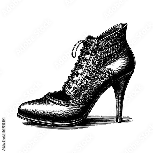 Victorian Lace-Up Boot – Heeled Leather Shoe in Copperplate Engraving Style
