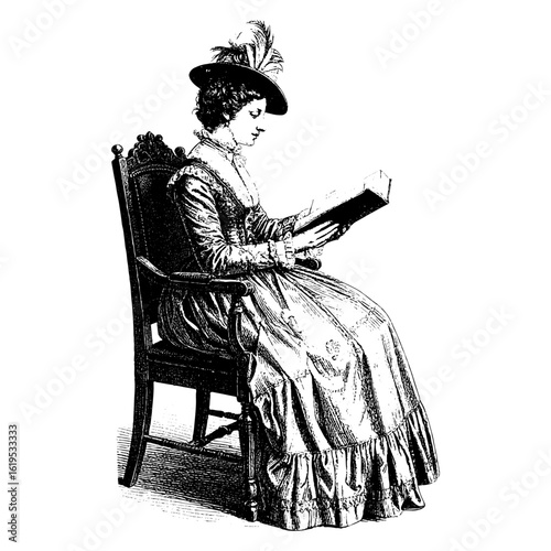 Victorian Lady Reading – Side View Seated Woman in Copperplate Engraving Style