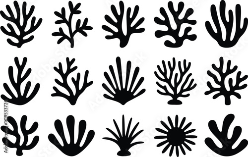 Illustration of fifteen black coral silhouettes on a white background vector art