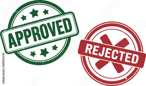 A green approved stamp with stars and a red rejected stamp with an x on white background