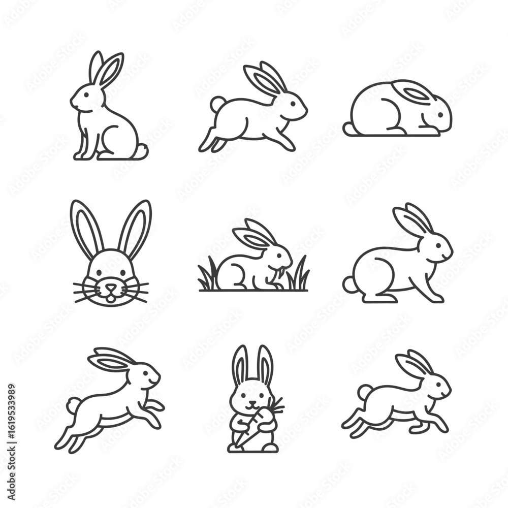 Obraz premium Collection of Nine Minimalist Line Art Rabbit Illustrations, Cute Bunny Icons for Easter and Springtime Designs