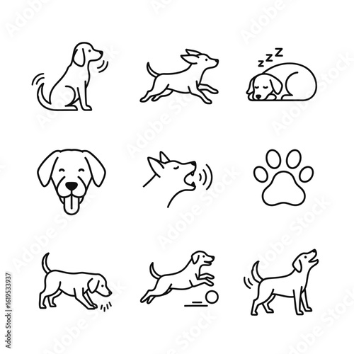 Collection of Black and White Vector Dog Illustrations, Simple Line Art Drawings of Dogs in Various Poses and Activities