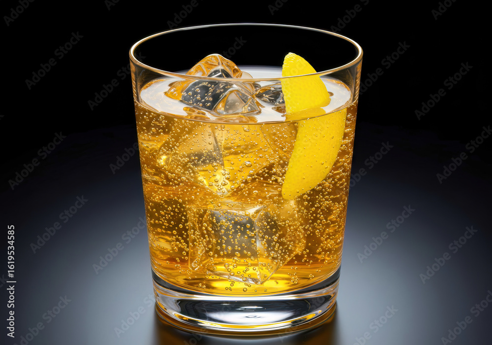 A sparkling Japanese highball cocktail with a golden hue, brimming with effervescent bubbles, ice cubes, and a fresh lemon slice. A sparkling Japanese highball cocktail with a golden hue, brimming with effervescent bubbles, ice cubes, and a fresh lemon slice.