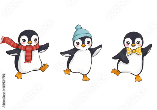 Three Playful Penguins Winter Wonderland Illustration Cute Penguin Characters Festive Holiday Design Element on Transparent background