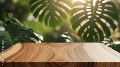 Wooden with Tropical Leaves and Sunlight background, placement background, Creative product platform stage mockup, presentation
