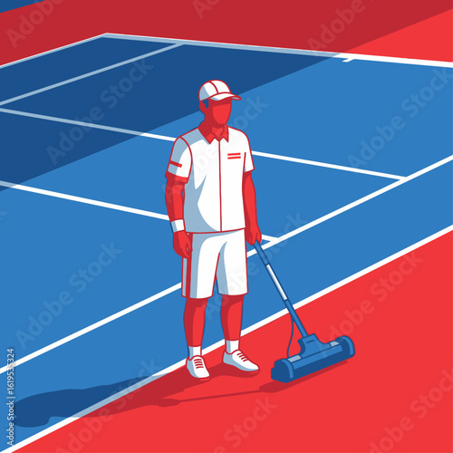 A tennis court attendant stands on a red court edge, pushing a blue cleaning machine.