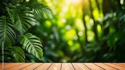 Wooden with Tropical Leaves and Sunlight background, placement background, Creative product platform stage mockup, presentation