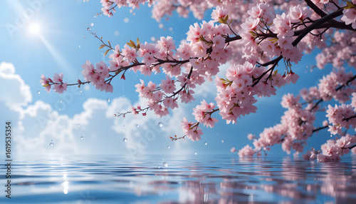 Pink cherry blossom tree blooming in spring garden with blue sky