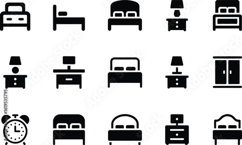 A collection of black bedroom icons including beds nightstands and an alarm clock