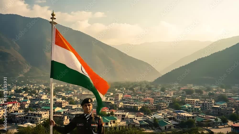 independeance in india indian soldier with flag overlooking mountain town