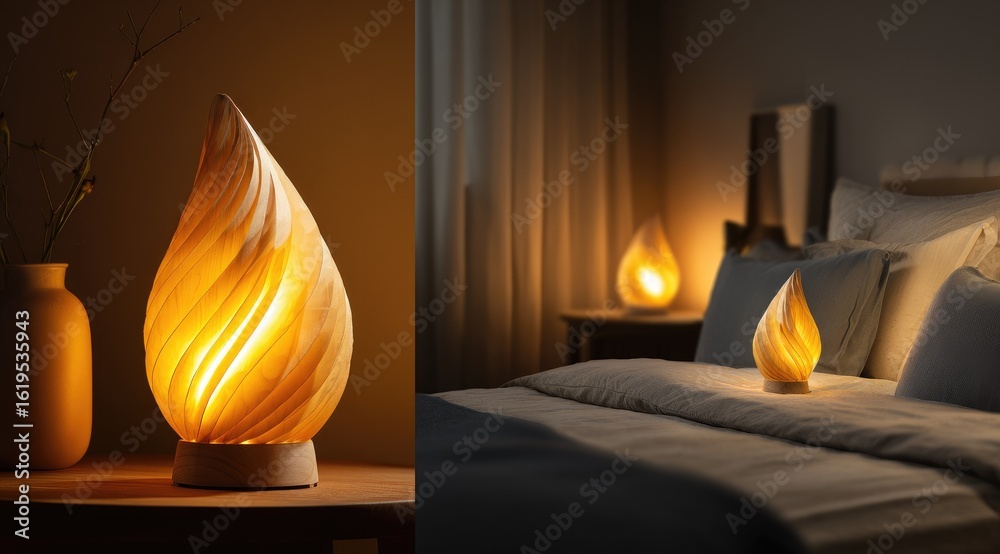 Obraz premium A split image showcasing a unique, teardrop-shaped table lamp with warm, ambient light, displayed on a nightstand and in a dimly lit bedroom setting