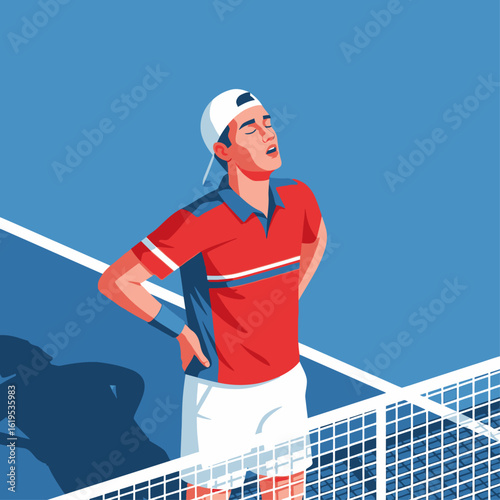A tennis player in red and white, wearing a cap, appears to be in pain or discomfort on a blue court.
