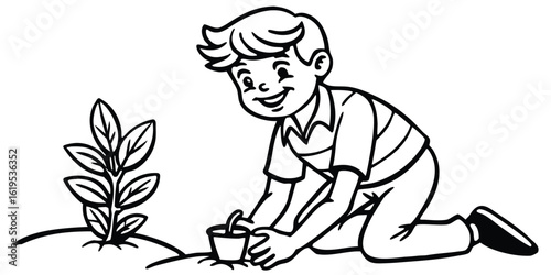 Smiling young boy happily planting a small green seedling in the soil