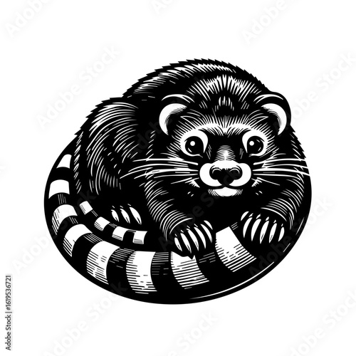 Adorable Raccoon Curled Up In A Ball.