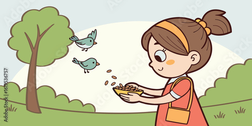 Young girl happily feeding small birds with seeds from a bowl in a park