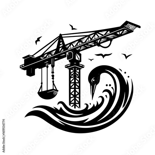 Artistic Crane and Swan Silhouette with Waves.