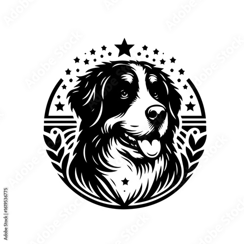 Bernese Mountain Dog Emblem with Stars and Leaves.