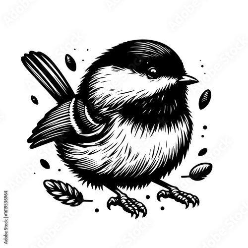 Black and White Chickadee Bird Illustration.