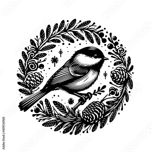Black and White Chickadee Bird in Wreath.