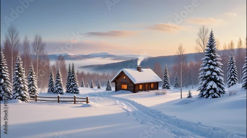 A serene snowy landscape. A cozy house with smoke coming from the chimney. A path trodden on the white snow.