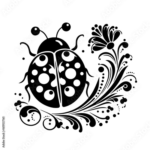 Black and white ladybug with floral flourish design.