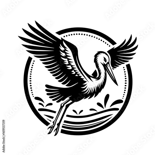 Black and White Stork Flying Over Water Logo.