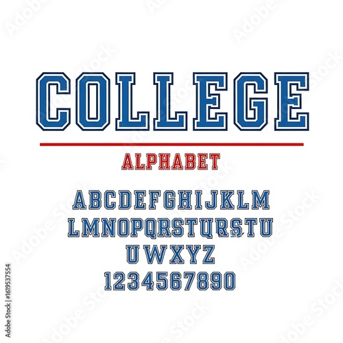 Bold Varsity College Alphabet Font:  Blue and Red,  Clean Design,  Numbers Included.