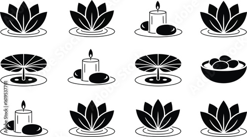 A collection of spa and wellness icons featuring lotus flowers candles and stones