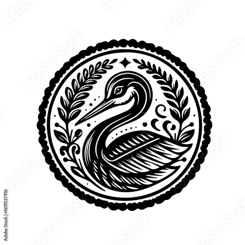 Elegant Black and White Heron Emblem with Laurel Wreath.