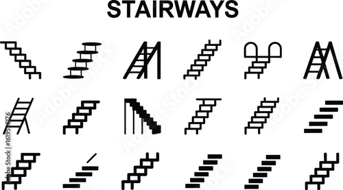 A collection of fifteen different black stairway and ladder icons on white background