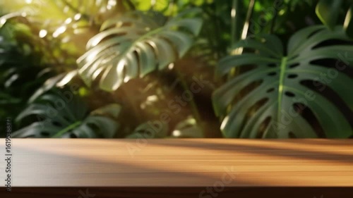 Wooden with Tropical Leaves and Sunlight background, placement background, Creative product platform stage mockup, presentation