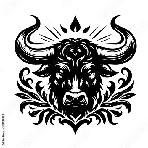 Majestic Bull Head with Ornate Floral Accents.