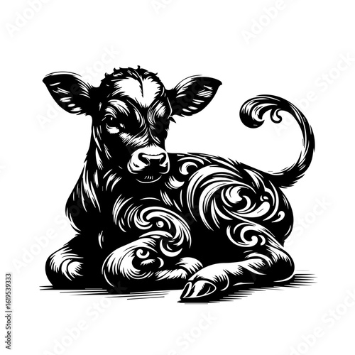 Ornate Black and White Calf Illustration.
