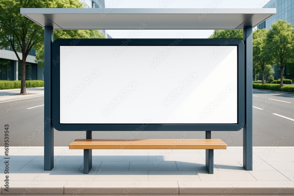 Fototapeta premium Blank billboard at modern bus stop on empty urban street with trees and buildings in daylight, ideal for outdoor advertising mockup template.