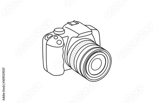 Detailed Line Art Illustration of a Digital Single Lens Reflex Camera with a Zoom Lens Perfect for Coloring Books and Educational Materials for Photography