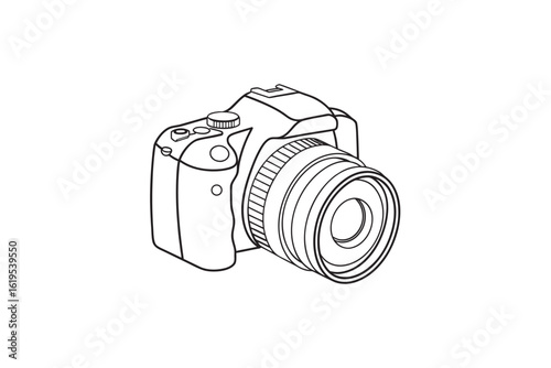 Simple Line Drawing of a Digital SLR Camera with a Lens Perfect for Coloring Books or Educational Materials on Photography Equipment