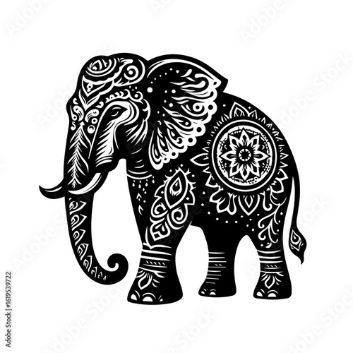 Ornate Black Elephant with Intricate White Patterns.