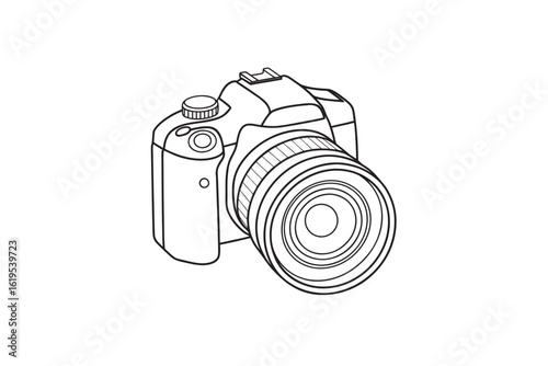 Detailed Line Art Illustration of a Modern Digital Single Lens Reflex Camera with a Large Lens Ideal for Coloring Books and Educational Materials